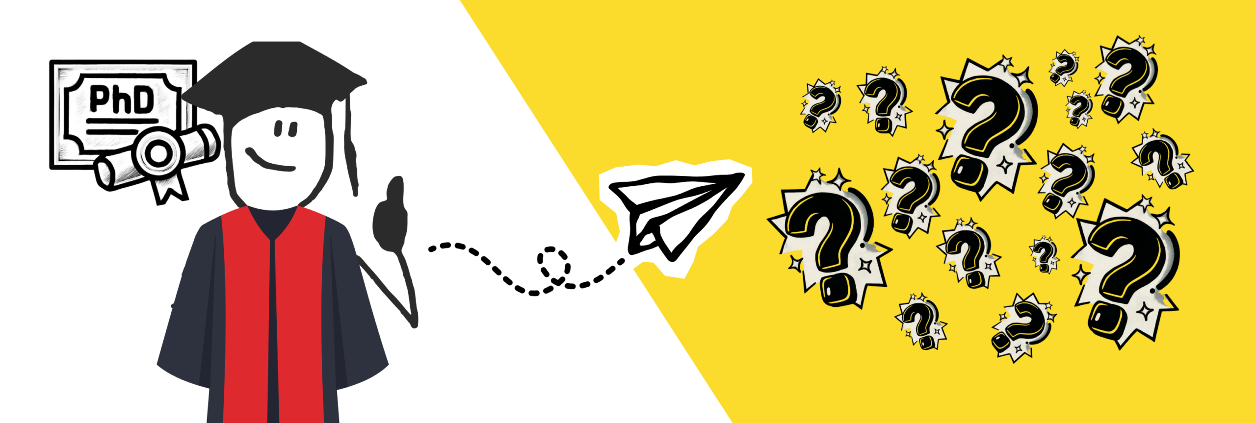 A graduate student looking at question marks