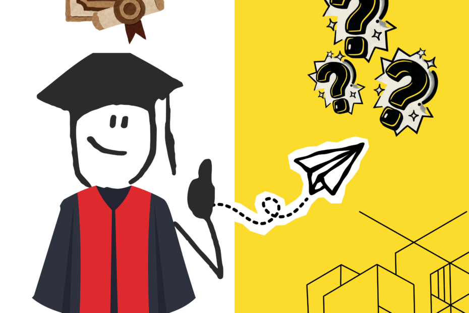 A graduate student looking at question marks