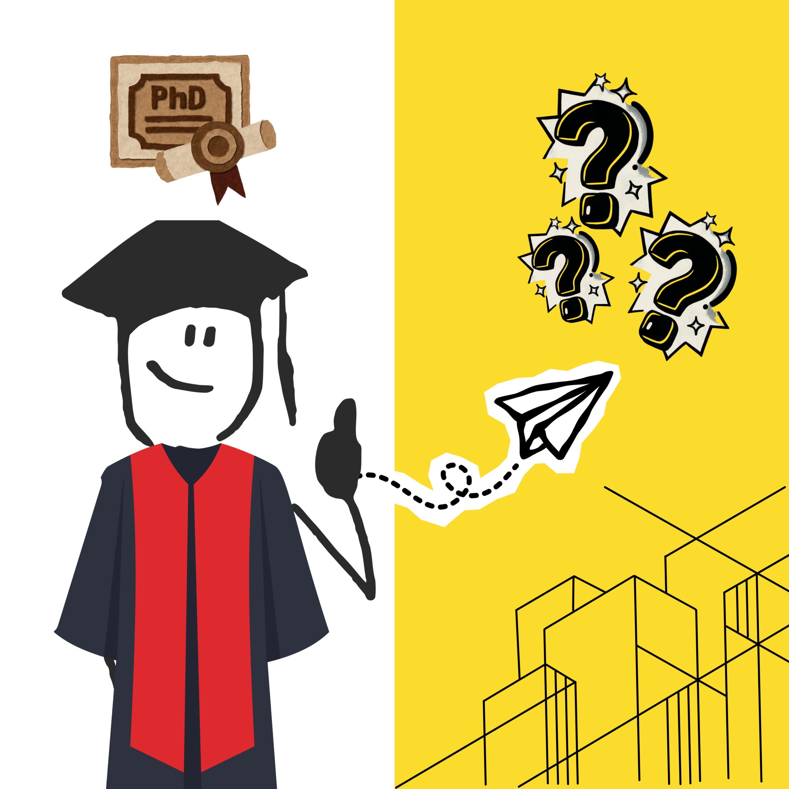 A graduate student looking at question marks